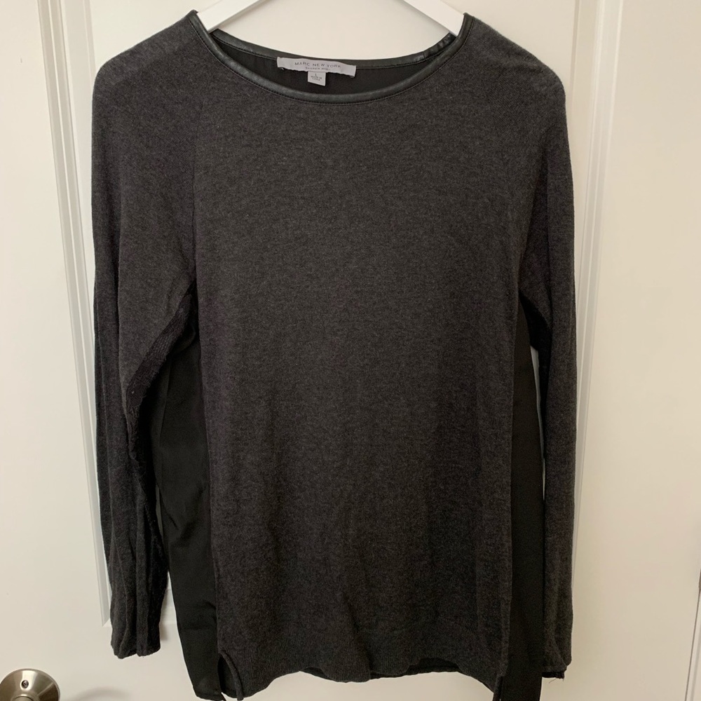 Gray sweater with black back and lace sleeves